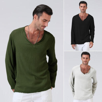 

3 Colors Men&39s Linen Flax Breathable T-Shirt Casual V-Neck Long Sleeve Shirt Tops Tees -XXXL