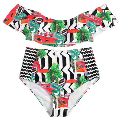 

Off The Shoulder Flounce Padded Print High Waist Women Bikini Set