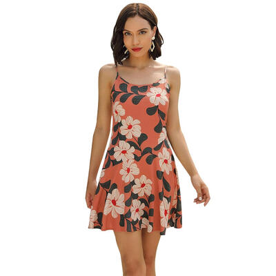

Print Dress Women Summer Sling High Waist Sleeveless Backless Zip Dresses