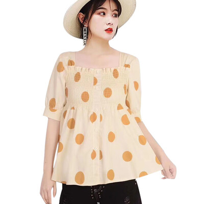 

New Women Blouse Fashion Polka Dot Print Short Sleeve Shirt Casual Loose Square Collar Button Ruffles Blouses Basic Tops