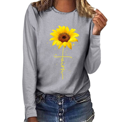 

2019 Fashion Casual Women Sunflower Printing O-neck Long sleeves T-shirt