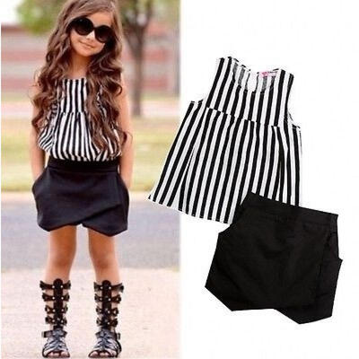 

Fashion Toddler Kids Girls Striped Tops Shirt Puffy Shorts Outfits Set Clothes