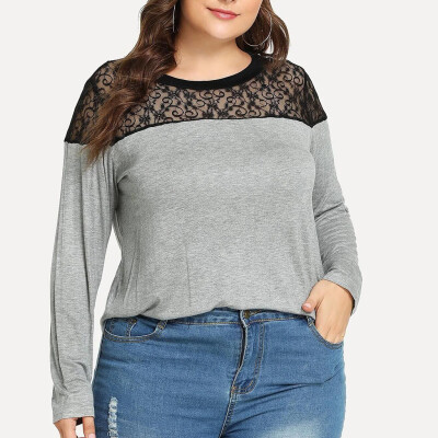 

Roseonmyhand Women Casual O-Neck Lace Long Sleeve Plus Size Tops Loose T-Shirt Blouse