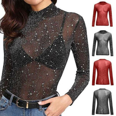 

Women Fashion T-Shirts Shiny Mesh Party Blouses t Shirt Ladies Tops Plus Size