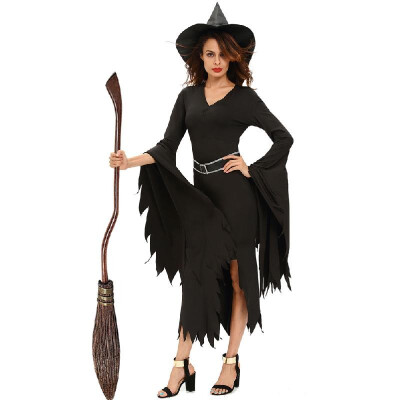 

New Fashion Women Witch Halloween Costume Ruched Flare Sleeve Side Split Sexy Gothic Dress Black