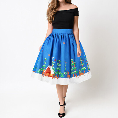 

Roseonmyhand Women Christmas Santa 3D Print Flare Elastic High Waist Cosplay Ball Gown Skirt