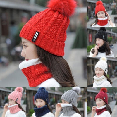 

Women Winter Scarf Hat Warm Set Solid Knitted Soft Cotton Bib Scarves