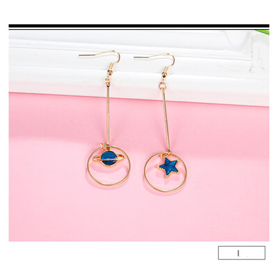 

Women Blue Metal Asymmetric Geometry Starry Moon Planet Stud Earrings Long Asymmetric Wild Sweet Jewelry Eardrop