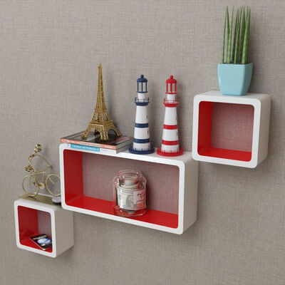 

3 White-Red MDF Floating Wall Display Shelf Cubes BookDVD Storage