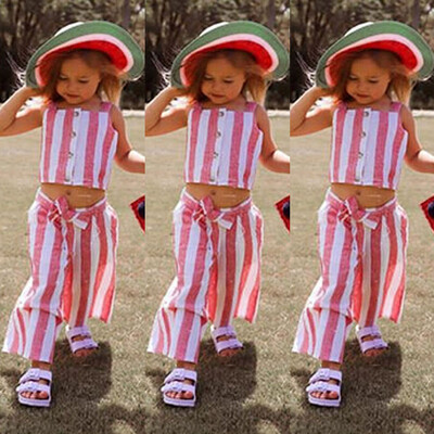 

Fashion Toddler Kids Baby Girls Stripes Crop Top Pants Clothes Outfits Summer