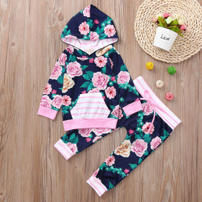 

Infant Baby Boys Girls Long Sleeve Hooded Tops Floral Print Pants Outfits Set