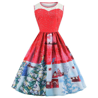 

Christmas womens series cross-border Amazon explosions sleeveless retro style lace round neck sleeveless dress blue