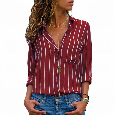 

Striped suit collar button long sleeve casual wild blouse top