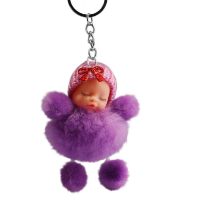 

Siaonvr Cute Sleeping Baby Bowtie Fluffy Pompom Fur Plush Doll Keychain Keyring Key Ring