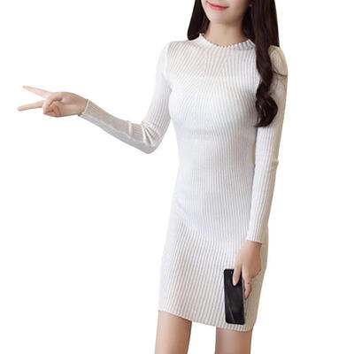 

Women Knit Slim Autumn Winter Long Sleeve Dress Women Hip Sweaters Solid Color Long Tops Dress