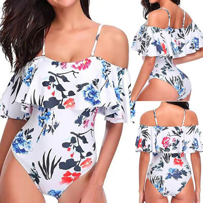 

Saidsome Women One Piece Vintage Printed Off Shoulder Flounce Ruffled Swimsuits