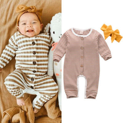 

US Newborn Baby Boy Girl Autumn Clothes Striped Romper BodysuitHeadband Outfits