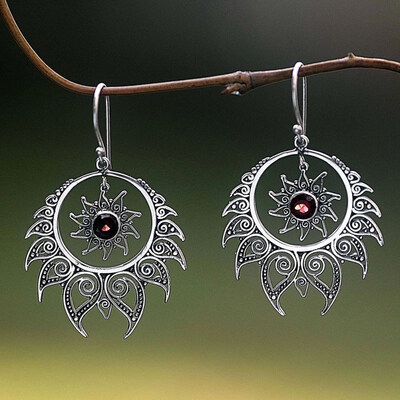 

Vintage Hollow Sun Faux Ruby Inlaid Pendant Statement Women Hook Earrings Gift