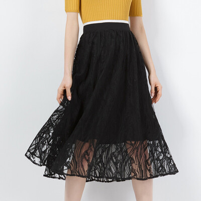 

CANVAUS New Women Spring Summer Polyamide Black Sexy Pleated A-Line Mid-Calf Nature Waistline Office Lady Lace Skirt CS8008D