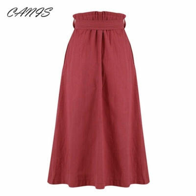 

Women Midi Skirt High Waist Front Slit Dresses Button Bandage Casual Dress