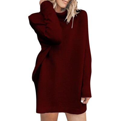 

Women Autumn Stylish Solid Color High Collar Long Sleeve Loose High Collar Elegant Sweater Dress