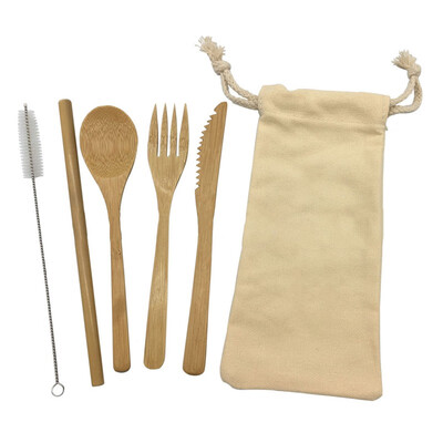 

7PcsSet Wooden Bamboo Straw Covered With Cloth Bag Knives Fork Spoon Chopsticks Bamboo Travel Cutlery Set