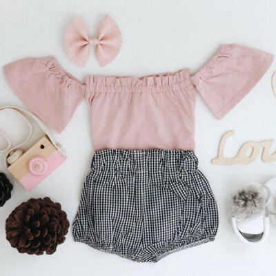 

USA Cute Baby Girl Off Shoulder Tops Plaid Shorts 2pcs Outfits Clothes Summer