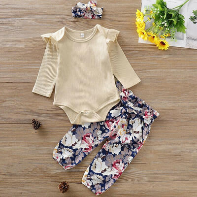 

Newborn Baby Girls Floral Outfit Knitted Long Sleeve Solid Romper BodysuitFlowers Long PantsHeadband Clothes