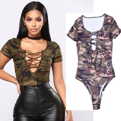 

Womens Camo Lace Up Bodysuit Leotard Bodycon Bandage Jumpsuit Romper Tops Blouse