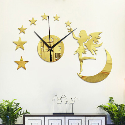 

Toponeto DIY Modern 3D Angel Girl Mirror Wall Clock Home Office Interior Decoration