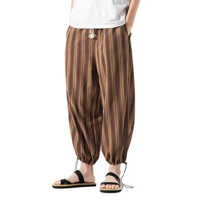 

Gobestart Fashion Men Multi Color Striped Cotton Linen Long Pants Casual Trousers