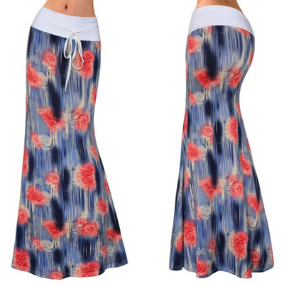 

Roseonmyhand Women Casual Elastic Boho Floral Print Buttock Skirt Bow Strap Fishtail Skirt