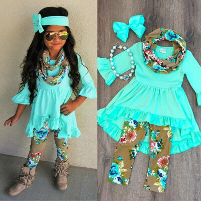 

2017 Kids Baby Girls T-shirt Tops DressFloral Leggings Headband Outfits Clothes Set 1-6Y