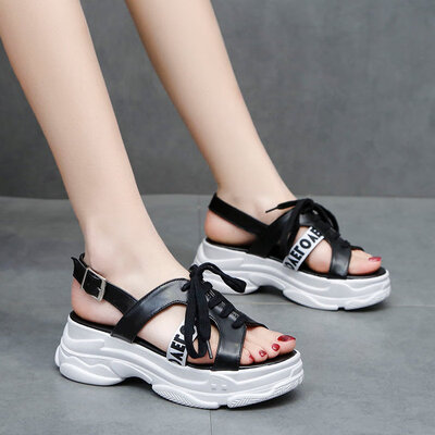 

Korean letters thick-soled muffin sandals laced waterproof platform leisure sports womens shoes leather in summer