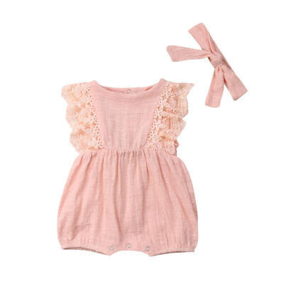 

2Pcs Newborn Baby Girls Lace Ruffle Backless Romper Bodysuit Headband Outfit Set 0-24Months