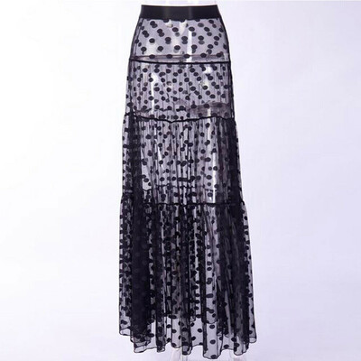 

Womens Mesh Polka Dot High Waist Maxi Dress Skater Flared Pleated Beach Skirt