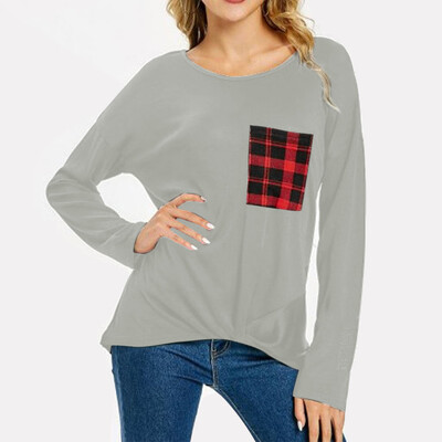 

Starmoon Womens T-shirt With Long Sleeves Twisted In Plaid Pocket With Round Blouses