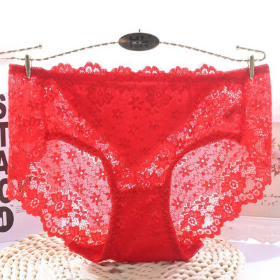 

Fashion Sexy Lace Panties Feminine Solid Color Soft Breathable Underwear Translucent Seamless Mid Waist Briefs