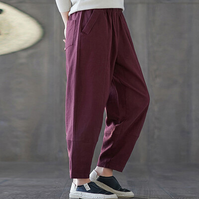 

Fashion Womens Solid Cotton&Linen Pocket Elastic Waist Loose Trousers Pants