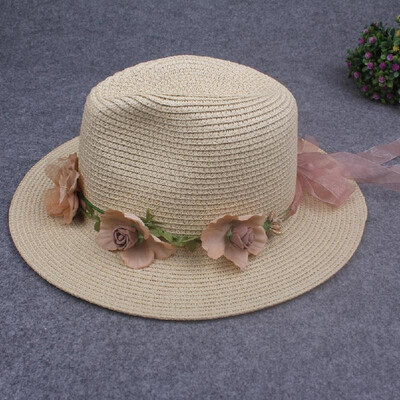 

Summer Women Flower Straw Hat Garland Ribbon Floral Wide Brim Sun Beach Cap Fedora Trilby Hat WhiteBeigeKhaki