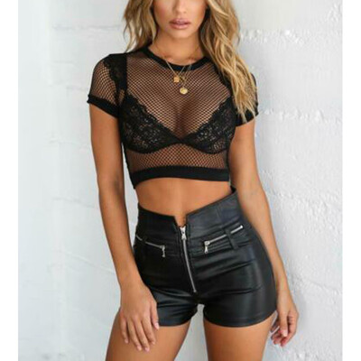 

Summer Women Short Sleeve Tops See Through Mesh Fishnet Crop Top T Shirt Blouse