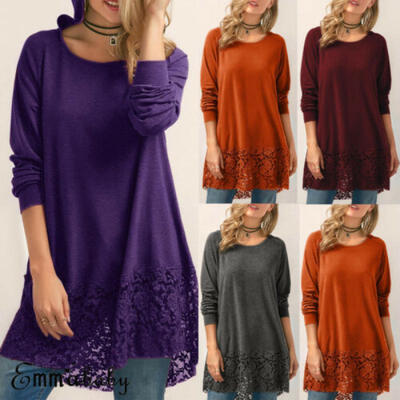 

US Plus Size Women Long Sleeve Loose Cotton Blouse Shirt Lace Tops T-shirt -3XL