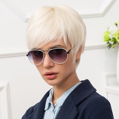 

BLONDE UNICORN 6 Inch Short Straight Human HairSynthetic Blend Wigs Light Blonde Multi Layered Fluffy Short Texture Pixie Cut Wig