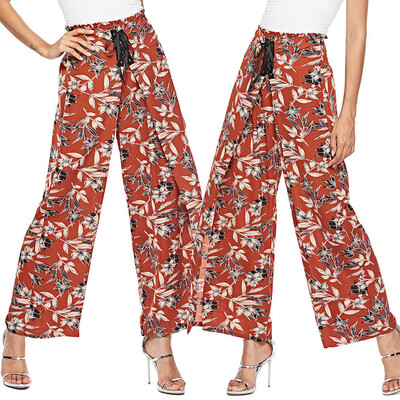 

Fashion Womens Bandage Floral Printing High Waist Causal Wide Leg Trousers Pants