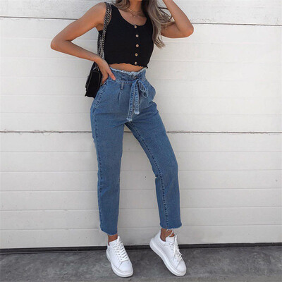 

Tailored Women Hight Waisted Loose Bow Bandage Hole Denim Jeans Stretch Pants Jean