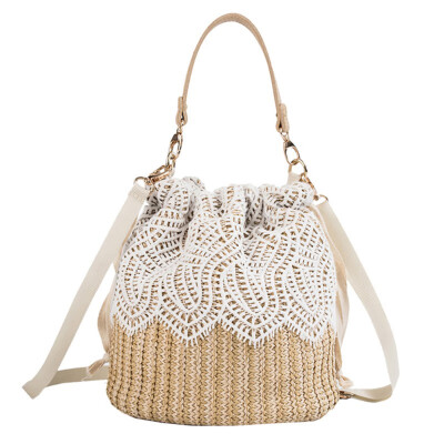 

Women Lace Mesh Bags Fashion Summer Woven Drawstring Bag Leather Straps Handle Shoulder Bags Holiday Bucket Crossbody Bag