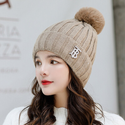 

Hat women fallwinter Korean version of wool ball wool lettering thickened thermal head cap solid color outdoor knit cap wholesale