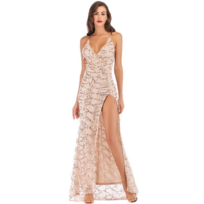 

〖Follure〗Sexy Women V Neck Maxi Sequin Halter Backless Split Cocktail Prom Gown Dress