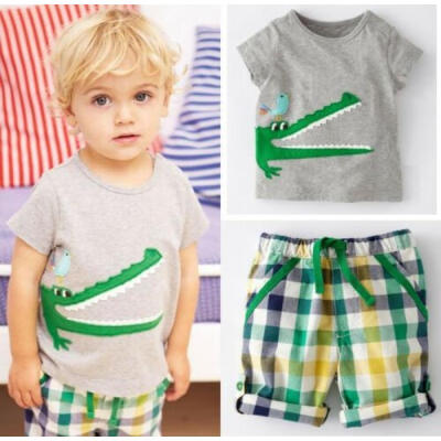 

UK Stock Toddler Kids Boys Summer Tops T-shirt Plaid Shorts Casual Outfits Set