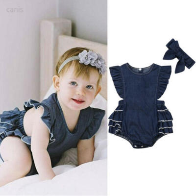 

Summer Newborn Kids Baby Girl Denim Romper Ruffle Jumpsuit Headband Outfits Set